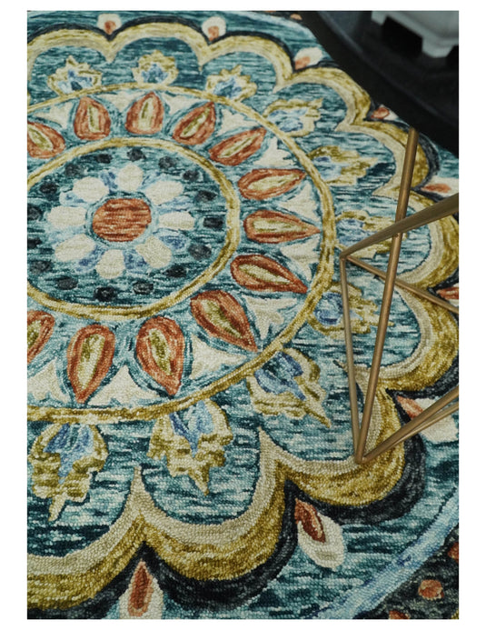 Ivory and Blue Floral Farmhouse Hand Tufted Wool Area Rug, Living Room and Kids Rug | MA4