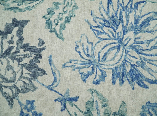 Hand Tufted Blue and White Modern Floral Runner Wool Rug, entryway, hallway, bedside, kids, living room and kitchen rug | MA9