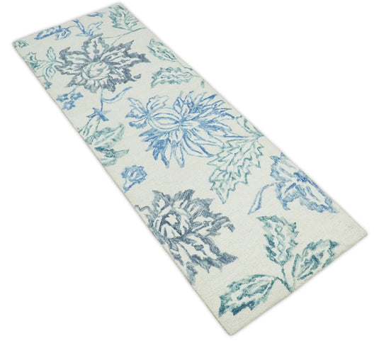 Hand Tufted Blue and White Modern Floral Runner Wool Rug, entryway, hallway, bedside, kids, living room and kitchen rug | MA9