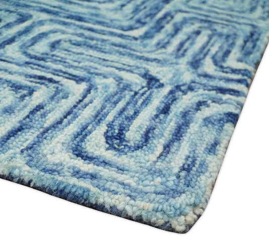 Hand Tufted Blue and White Modern Geometric Runner Wool Rug, entryway, hallway, bedside, kids, kitchen and living room rug | MA8