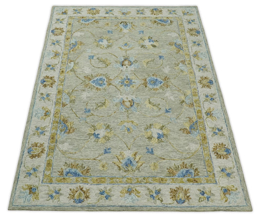 Hand Tufted Persian Style 5X8 Blue and Beige Floral Wool Area Rug, Kids room, Kitchen and bedroom rug | MA24