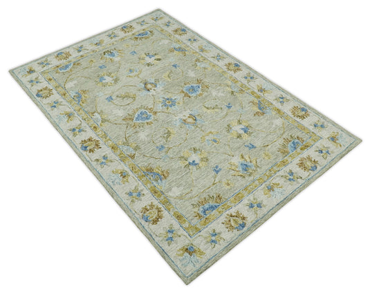Hand Tufted Persian Style 5X8 Blue and Beige Floral Wool Area Rug, Kids room, Kitchen and bedroom rug | MA24