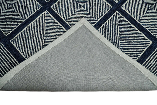 Hand Tufted 5X8 Blue and White Modern Geometric Wool Loop Area Rug, Kids, Living Room, Bedroom and Dinning Rug | MA26