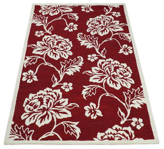 Hand Tufted 5X8 Red and Ivory Persian Style Floral Oriental Wool Area Rug, kids, kitchen, dinning and living room rug | MA30