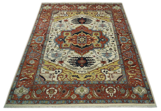 Large Antique 8x10 Vintage Traditional Red, White and Camel Blue Traditional Heriz Rug, Living Room, Bedroom | CP521810
