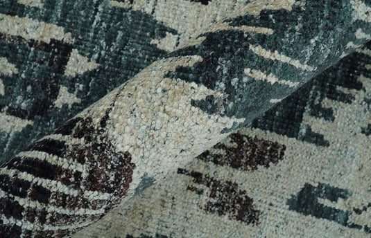 Hand Knotted Antique Persian Style Contemporary Recycled Silk Area Rug, Ivory, Teal and Brown, 9x12 | OP38