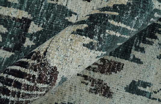 Hand Knotted Antique Persian Style Contemporary Recycled Silk Area Rug, Ivory, Teal and Brown, 9x12 | OP38