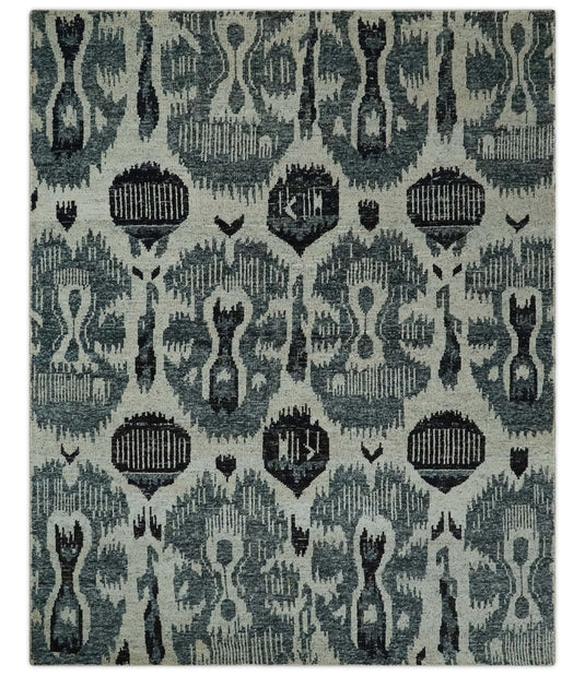 Hand Knotted Persian Style Contemporary Recycled Silk Area Rug, Ivory, Teal and Black Antique, 8x10 | OP39810