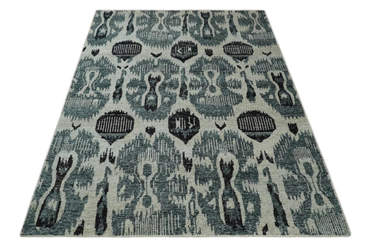 Hand Knotted Persian Style Contemporary Recycled Silk Area Rug, Ivory, Teal and Black Antique, 8x10 | OP39810