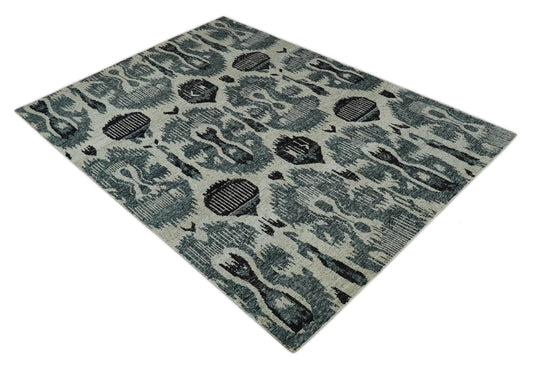Hand Knotted Persian Style Contemporary Recycled Silk Area Rug, Ivory, Teal and Black Antique, 8x10 | OP39810