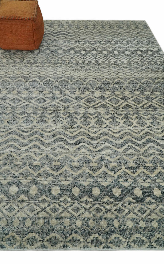 Hand Knotted Modern Contemporary Southwestern Tribal Trellis Recycled Silk Area Rug, Beige, Gray and Blue, 8x10 | OP44810