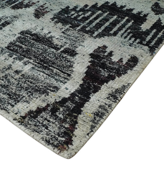 Hand Knotted Antique Persian Style Contemporary Recycled Silk Area Rug, Ivory, Charcoal and Brown, 8X10| OP46