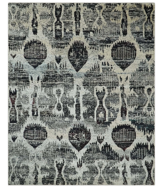 Hand Knotted Antique Persian Style Contemporary Recycled Silk Area Rug, Ivory, Charcoal and Brown, 8X10| OP46