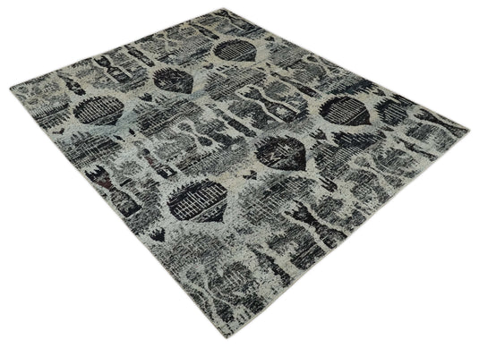 Hand Knotted Antique Persian Style Contemporary Recycled Silk Area Rug, Ivory, Charcoal and Brown, 8X10| OP46