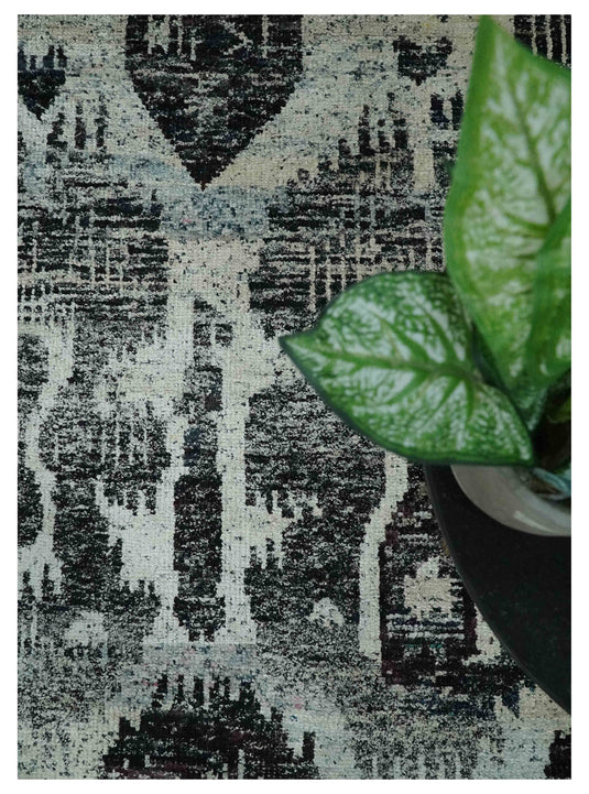 Hand Knotted Antique Persian Style Contemporary Recycled Silk Area Rug, Ivory, Charcoal and Brown, 8X10| OP46