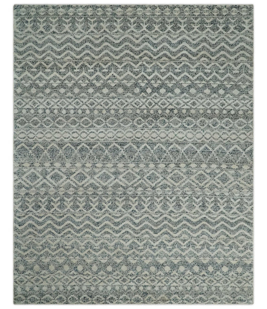 Hand Knotted Modern Contemporary Southwestern Tribal Trellis Recycled Silk Area Rug, Ivory and Gray, 8x10 | OP47810