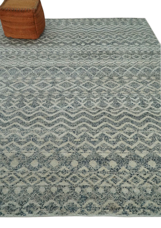 Hand Knotted Modern Contemporary Southwestern Tribal Trellis Recycled Silk Area Rug, Ivory and Gray, 8x10 | OP47810