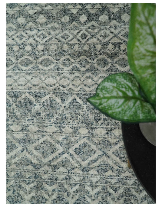 Hand Knotted Modern Contemporary Southwestern Tribal Trellis Recycled Silk Area Rug, Ivory and Gray, 8x10 | OP47810