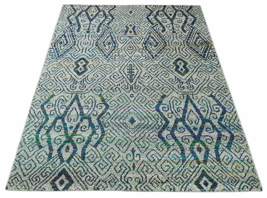 Antique Hand Knotted Persian made of Recycled Silk Area Rug, Ivory, Teal and Blue, 9x12 | OP48912
