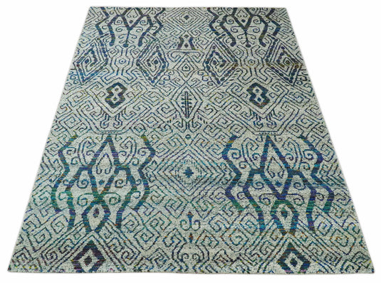Antique Hand Knotted Persian made of Recycled Silk Area Rug, Ivory, Teal and Blue, 9x12 | OP48912