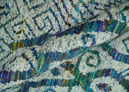 Antique Hand Knotted Persian made of Recycled Silk Area Rug, Ivory, Teal and Blue, 9x12 | OP48912