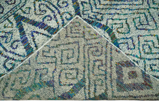 Antique Hand Knotted Persian made of Recycled Silk Area Rug, Ivory, Teal and Blue, 9x12 | OP48912