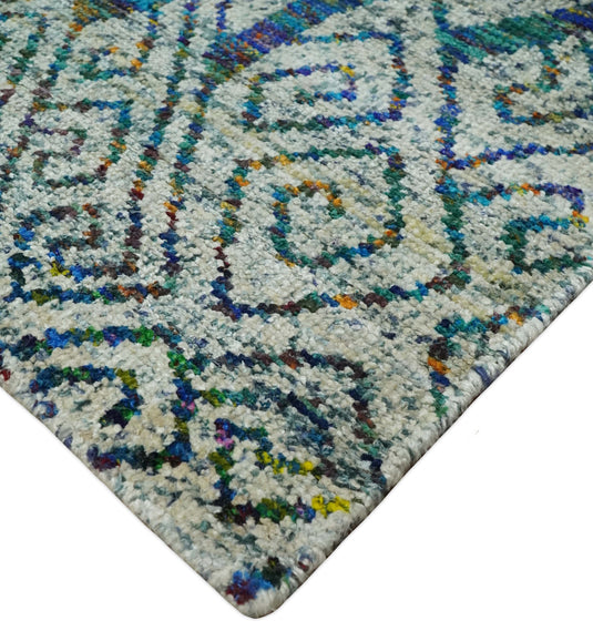 Antique Hand Knotted Persian made of Recycled Silk Area Rug, Ivory, Teal and Blue, 9x12 | OP48912