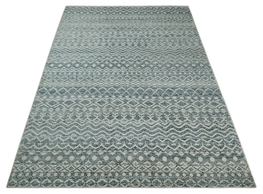 Hand Knotted Modern Contemporary Southwestern Tribal Trellis Recycled Silk Area Rug, Ivory and Teal Blue, 9X13 | OP51913