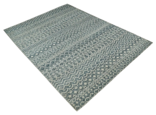 Hand Knotted Modern Contemporary Southwestern Tribal Trellis Recycled Silk Area Rug, Ivory and Teal Blue, 9X13 | OP51913