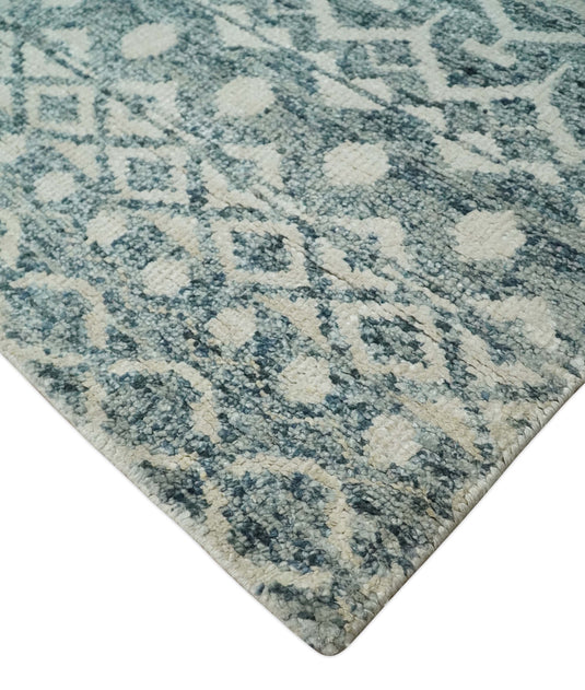 Hand Knotted Modern Contemporary Southwestern Tribal Trellis Recycled Silk Area Rug, Ivory and Teal Blue, 9X13 | OP51913