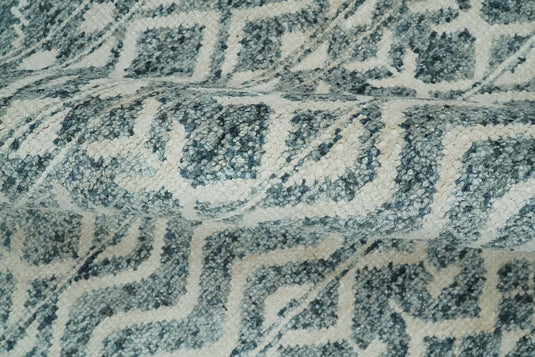 Hand Knotted Modern Contemporary Southwestern Tribal Trellis Recycled Silk Area Rug, Ivory and Teal Blue, 9X13 | OP51913