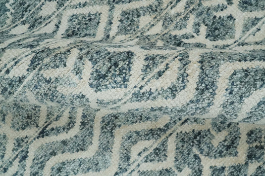 Hand Knotted Modern Contemporary Southwestern Tribal Trellis Recycled Silk Area Rug, Ivory and Teal Blue, 9X13 | OP51913