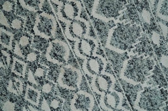 Hand Knotted Modern Contemporary Southwestern Tribal Trellis Recycled Silk Area Rug, Ivory and Teal Blue, 9X13 | OP51913