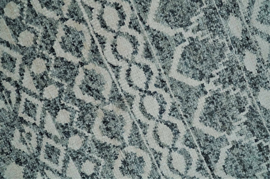 Hand Knotted Modern Contemporary Southwestern Tribal Trellis Recycled Silk Area Rug, Ivory and Teal Blue, 9X13 | OP51913