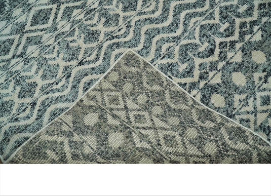 Hand Knotted Modern Contemporary Southwestern Tribal Trellis Recycled Silk Area Rug, Ivory and Teal Blue, 9X13 | OP51913