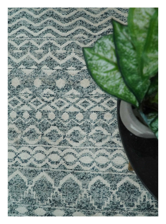 Hand Knotted Modern Contemporary Southwestern Tribal Trellis Recycled Silk Area Rug, Ivory and Teal Blue, 9X13 | OP51913