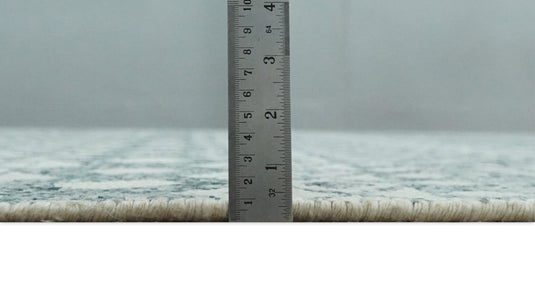 Hand Knotted Modern Contemporary Southwestern Tribal Trellis Recycled Silk Area Rug, Ivory and Teal Blue, 9X13 | OP51913