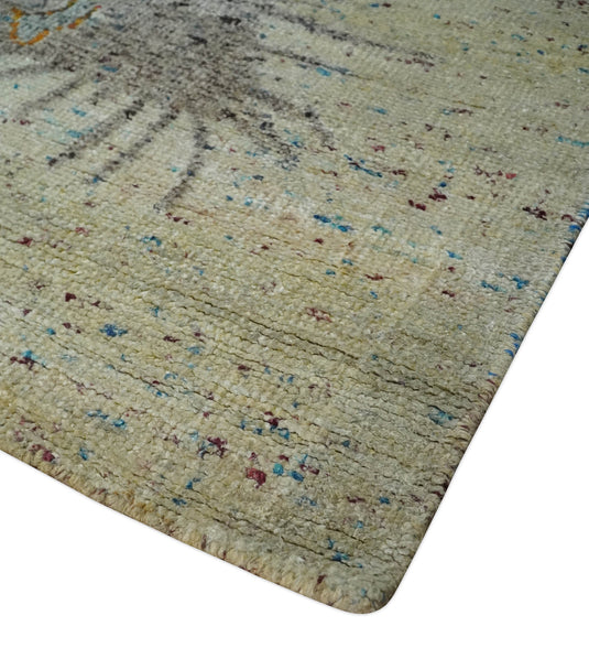 Hand Knotted antique Persian Style Contemporary Recycled Silk Area Rug, Blue, Silver and Beige , 10x14 | OP521014