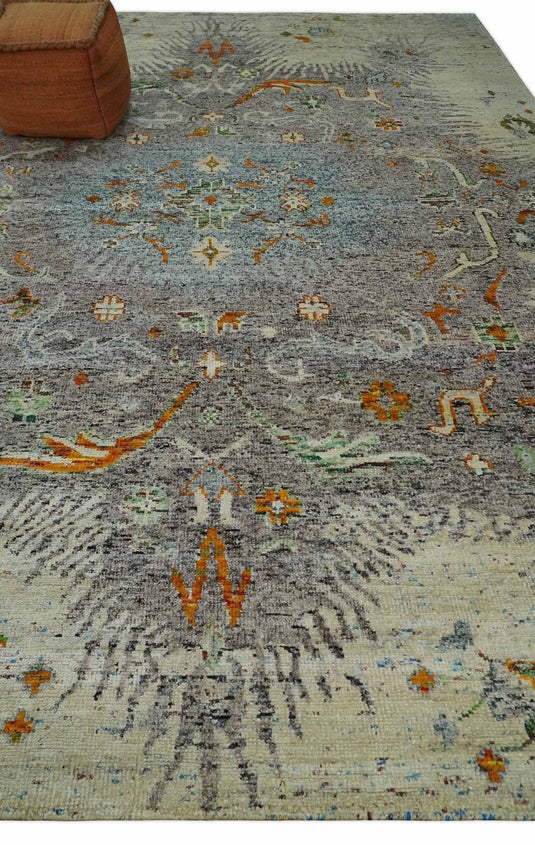 Hand Knotted antique Persian Style Contemporary Recycled Silk Area Rug, Blue, Silver and Beige , 10x14 | OP521014