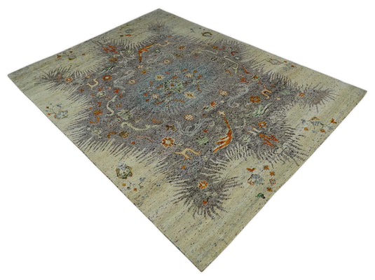 Hand Knotted antique Persian Style Contemporary Recycled Silk Area Rug, Blue, Silver and Beige , 10x14 | OP521014