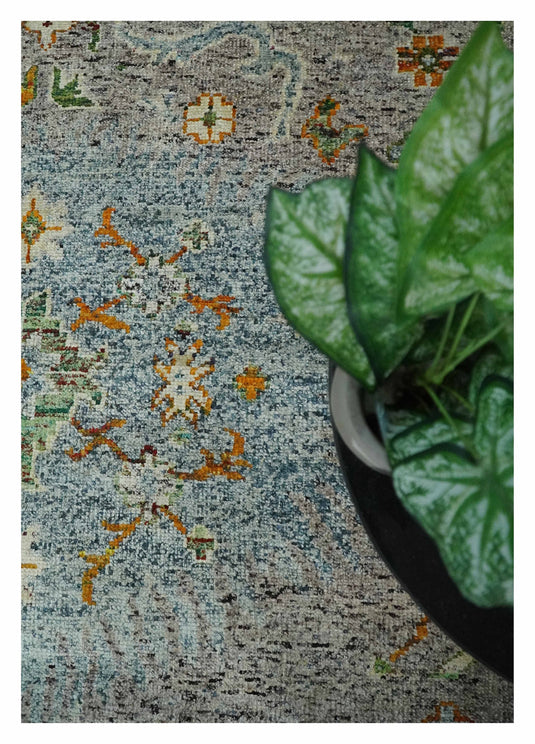 Hand Knotted antique Persian Style Contemporary Recycled Silk Area Rug, Blue, Silver and Beige , 10x14 | OP521014