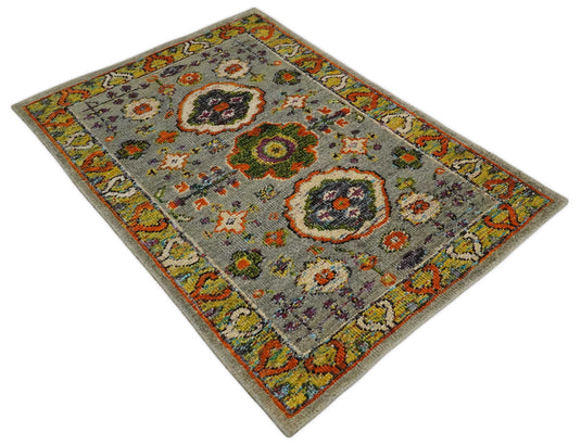 Hand Knotted Persian Oushak made of Recycled Silk Area Rug, Silver, Yellow and Orange, 4x6 | OP5846