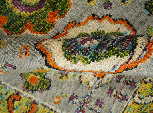 Hand Knotted Persian Oushak made of Recycled Silk Area Rug, Silver, Yellow and Orange, 4x6 | OP5846