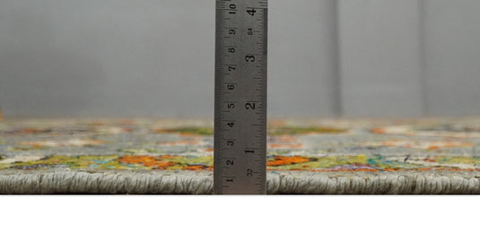 Hand Knotted Persian Oushak made of Recycled Silk Area Rug, Silver, Yellow and Orange, 4x6 | OP5846