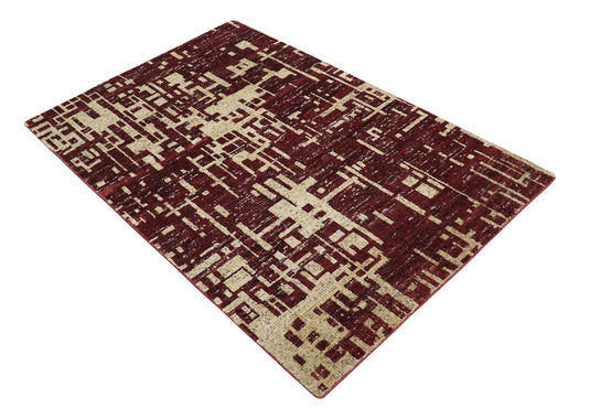 Hand Knotted Modern Abstract Contemporary Recycled Silk Area Rug, Camel and Maroon, 4X6 | OP6446