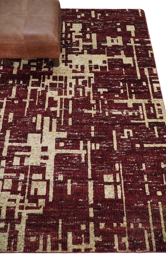 Hand Knotted Modern Abstract Contemporary Recycled Silk Area Rug, Camel and Maroon, 4X6 | OP6446