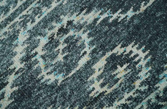 Hand Knotted Modern Contemporary Southwestern Tribal Trellis Recycled Silk Area Rug, Dark Teal and Ivory, 5X8