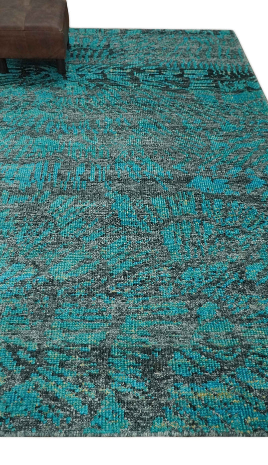 Hand Knotted Modern Style Contemporary Recycled Silk Area Rug, Charcoal and Teal Blue, 5X8