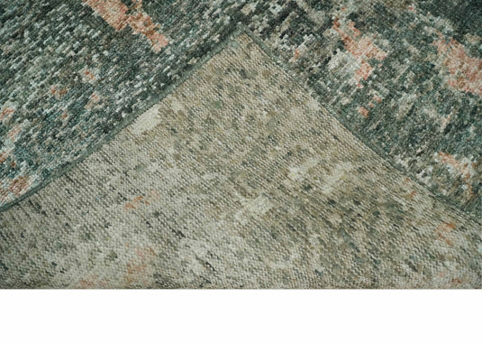 Hand Knotted Modern Abstract Contemporary Recycled Silk Area Rug, Moss Green, Peach and Teal, 5X8