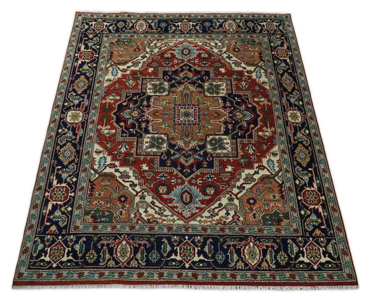 8x10 Rust and Blue Traditional Hand Knotted Heriz Serapi Rug, Living Room, Bedroom and Dinning Rug | CP402810